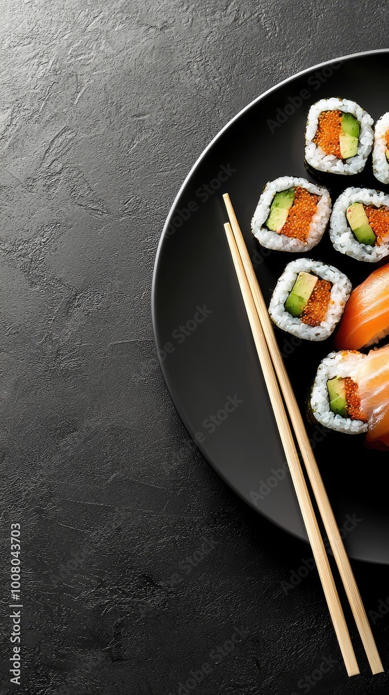 Delicious sushi served on a black plate with chopsticks, ideal for showcasing culinary art and Japanese cuisine. Delicious sushi served on a black plate with chopsticks, ideal for showcasing culinary art and Japanese cuisine.