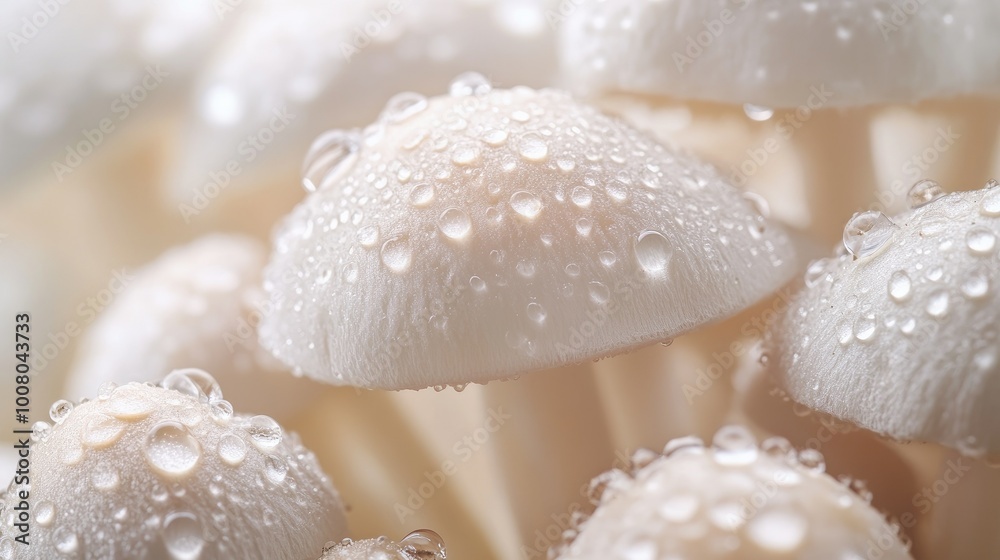 Macro shot of white mushrooms with water droplets, capturing fresh texture and moisture Macro shot of white mushrooms with water droplets, capturing fresh texture and moisture