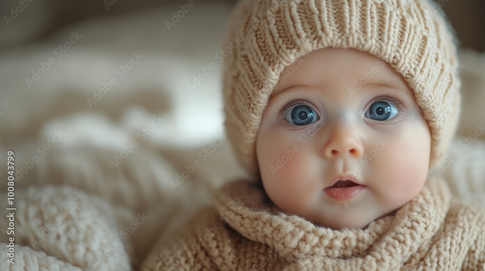 A close-up of a baby with big blue eyes, wearing a cozy knitted hat. A close-up of a baby with big blue eyes, wearing a cozy knitted hat.