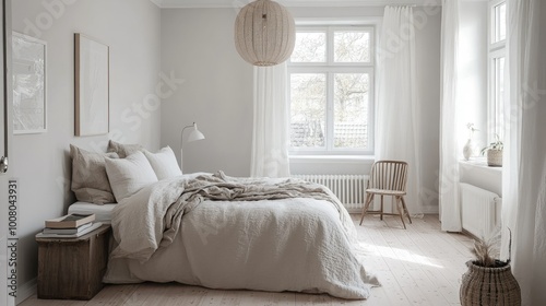 Minimalist Scandinavian bedroom with clean lines, neutral colors, and a cozy Hygge vibe, highlighting comfort and simplicity