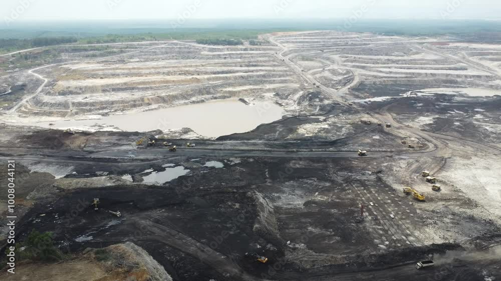 Aerial view panorama of open pit coal mining, dumper, extractive industry excavation, very large mine. Big Yellow Mining Truck Aerial view panorama of open pit coal mining, dumper, extractive industry excavation, very large mine. Big Yellow Mining Truck
