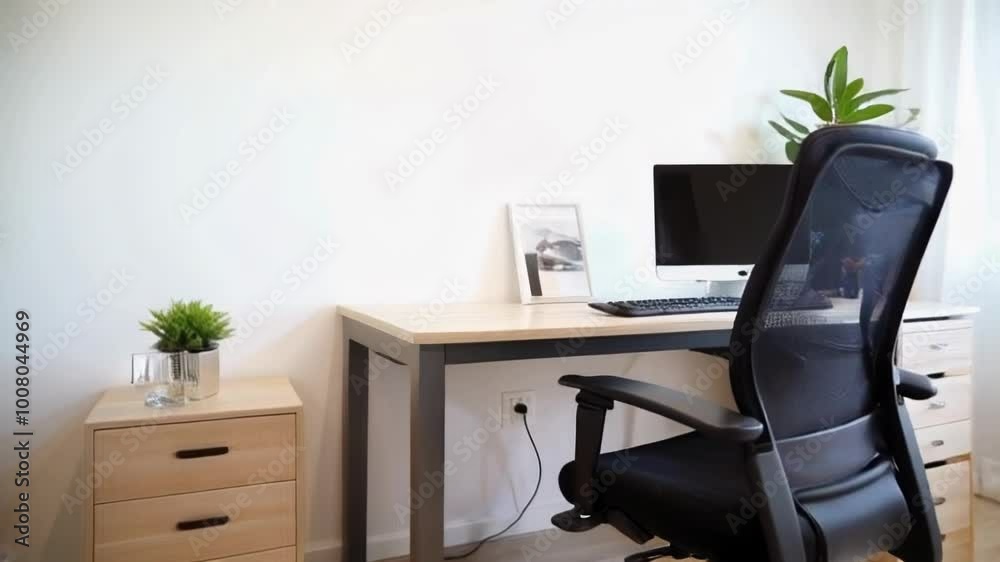 A minimalist home office setup featuring a desk, computer, and plant, promoting productivity and a serene work environment. A minimalist home office setup featuring a desk, computer, and plant, promoting productivity and a serene work environment.