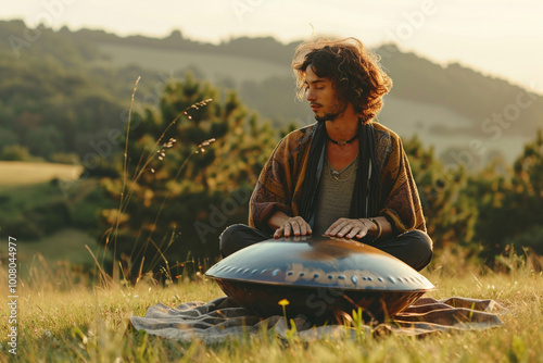 Spiritual man playing hangpan outdoors. Playing music and connection with nature pastime photo