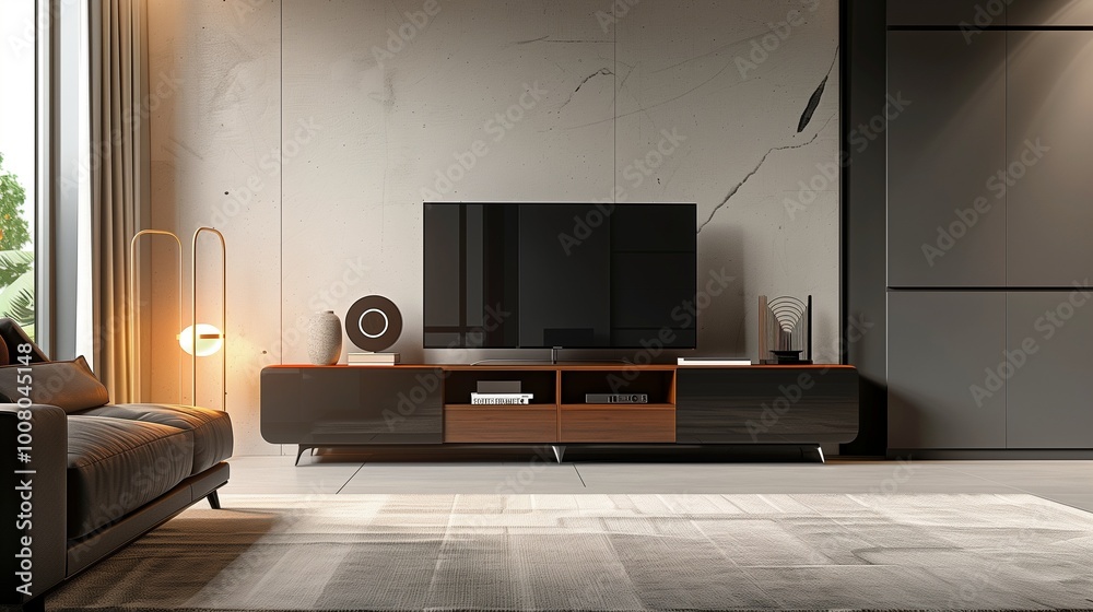A modern TV stand isolated in a sleek living room. A modern TV stand isolated in a sleek living room.