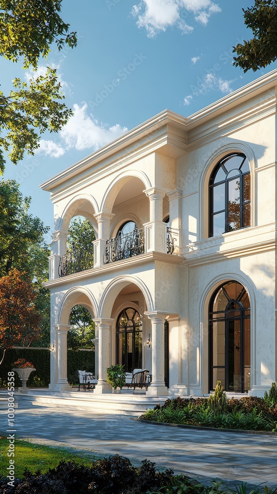 Elegant luxury villa with archways, lush greenery, and clear blue skies, showcasing refined architectural beauty. Elegant luxury villa with archways, lush greenery, and clear blue skies, showcasing refined architectural beauty.