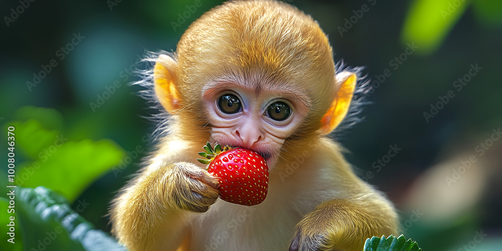 Fototapeta premium Adorable Baby Monkey Holding a Strawberry
