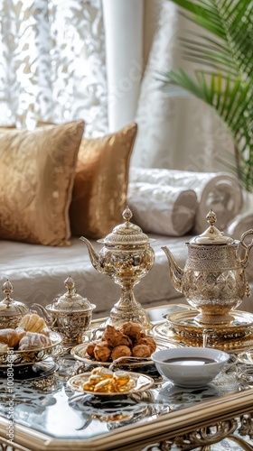 Elegant tea set with sweets displayed on a luxurious table, perfect for gatherings and special occasions.