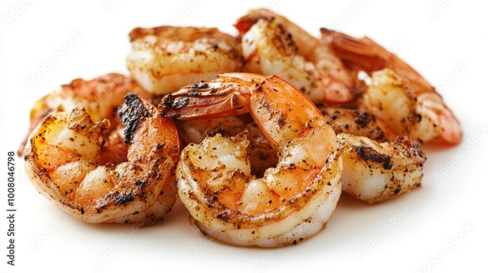 Perfectly grilled shrimp with a golden crust, placed on a white background for a clean, appetizing look. Perfectly grilled shrimp with a golden crust, placed on a white background for a clean, appetizing look.