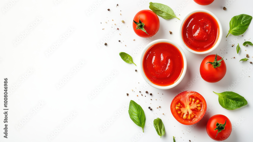 Fototapeta premium Delicious tomato sauce garnished with fresh basil, tomatoes spread on a white backdrop, top view, flat lay, ideal for Italian recipe presentations