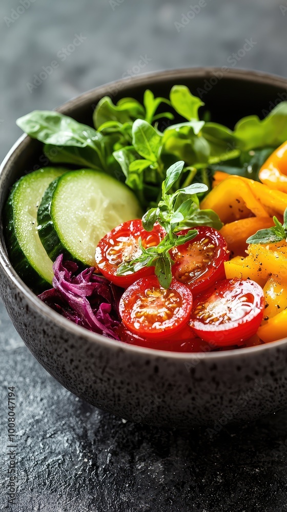 Fresh vegetable salad featuring vibrant greens, cherry tomatoes, cucumber, and colorful herbs in a stylish bowl. Fresh vegetable salad featuring vibrant greens, cherry tomatoes, cucumber, and colorful herbs in a stylish bowl.