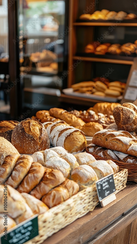 Freshly baked bread displayed in a cozy bakery, showcasing a variety of loaves and rolls in warm, inviting tones. Freshly baked bread displayed in a cozy bakery, showcasing a variety of loaves and rolls in warm, inviting tones.