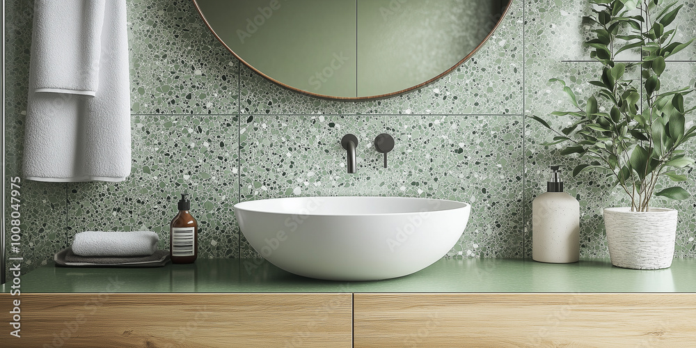 Fototapeta premium Rundes weißes Keramik Waschbecken auf grüner Terrazzo-Arbeitsplatte. Holz Waschtisch mit rundem Spiegel an Wand aus Terrazzofliesen montiert. Minimalistisches Innendesign eines modernen Badezimmers