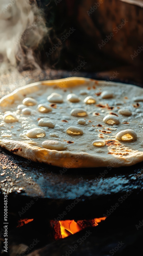 Freshly cooked flatbread on a hot skillet, bubbling and golden brown, surrounded by a smoky kitchen atmosphere. Freshly cooked flatbread on a hot skillet, bubbling and golden brown, surrounded by a smoky kitchen atmosphere.