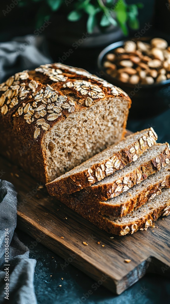 Freshly baked whole grain bread topped with oats, sliced, and served with a side of nuts on a rustic wooden board.