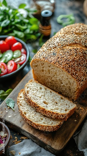 Freshly baked sesame bread loaf with slices, served on a wooden board beside a vibrant salad, perfect for healthy meals. photo