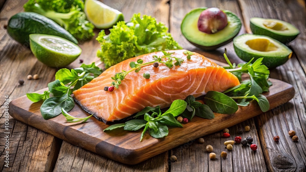 Fresh Salmon Fillet with Avocado and Greens Fresh Salmon Fillet with Avocado and Greens