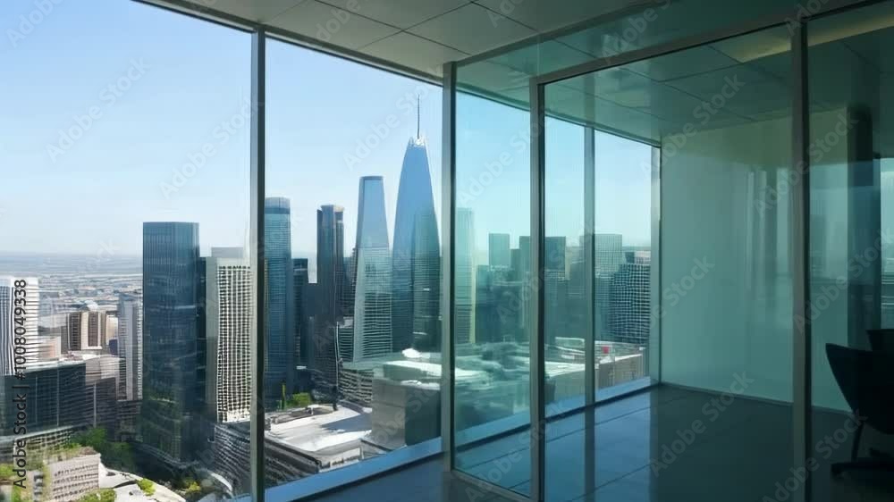 A sleek office interior offers stunning city skyline views through glass walls, highlighting modern design and a professional atmosphere. A sleek office interior offers stunning city skyline views through glass walls, highlighting modern design and a professional atmosphere.