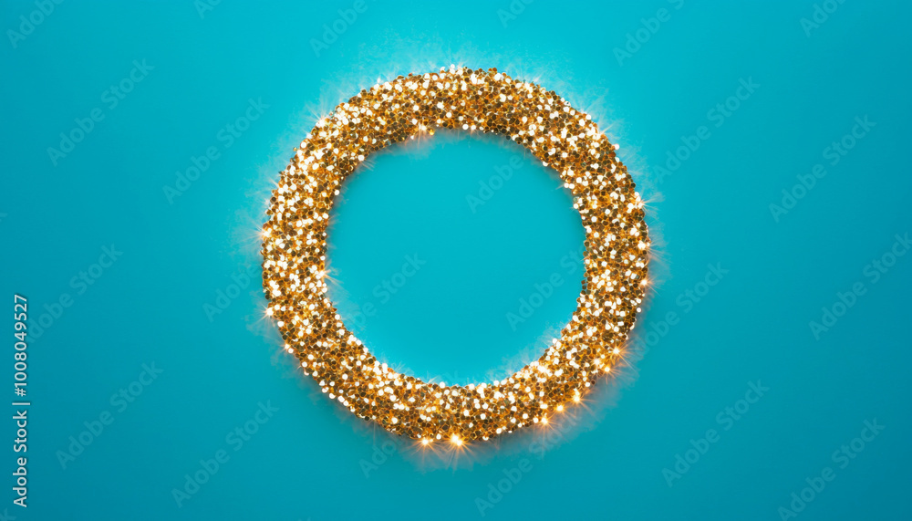 A circular golden glitter wreath against a turquoise background, ideal for festive decoration or celebration themes. A circular golden glitter wreath against a turquoise background, ideal for festive decoration or celebration themes.