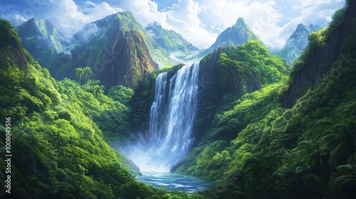 Majestic cascading waterfall winding through lush green mountains, mist rising from turbulent waters, surrounded by dense tropical foliage. Realistic, highly detailed