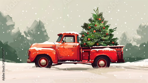 Merry Christmas and Happy New Year Postcard or Poster or Flyer template with retro pickup truck with christmas tree. Vintage styled vector illustration