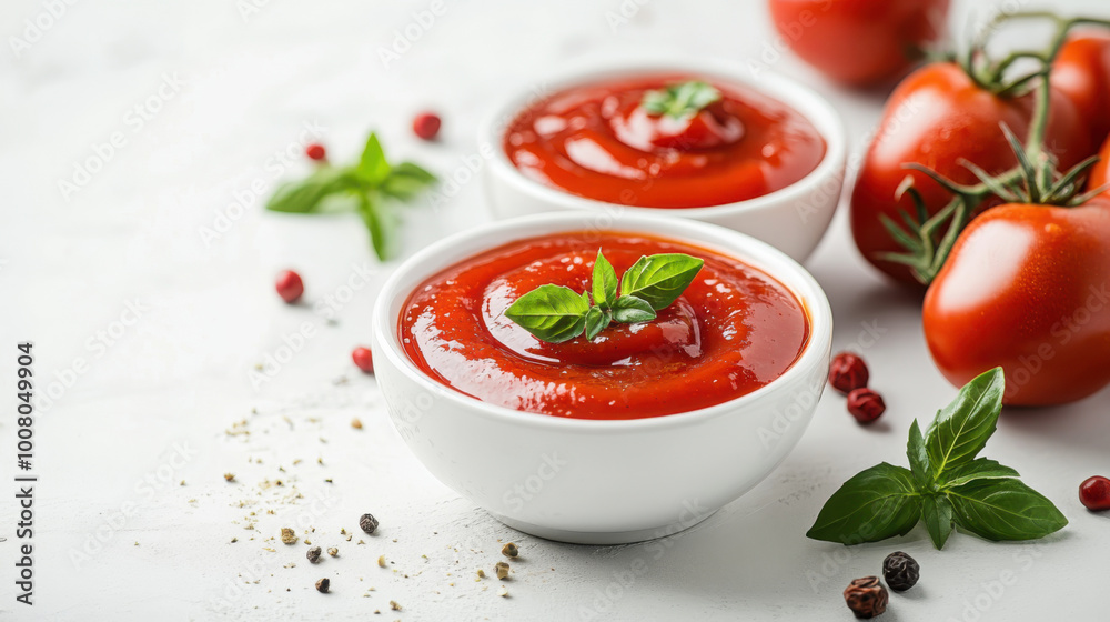 Delicious tomato sauce garnished with fresh basil, tomatoes spread on a white backdrop, top view, flat lay, ideal for Italian recipe presentations Delicious tomato sauce garnished with fresh basil, tomatoes spread on a white backdrop, top view, flat lay, ideal for Italian recipe presentations