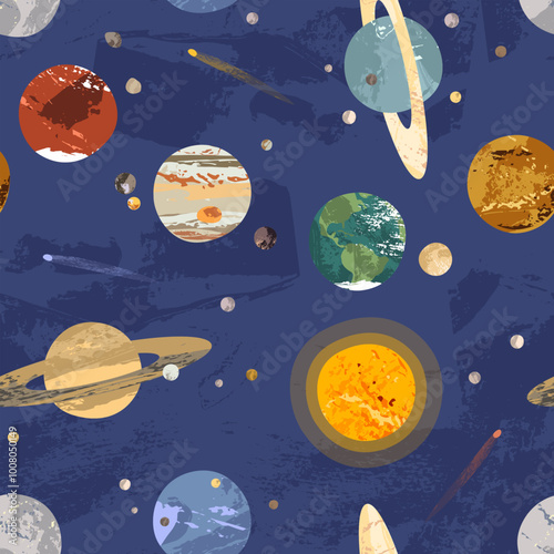 Solar system poster. Sun, Mercury, Venus, Earth, Moon, Mars, Jupiter, Saturn, Uranus, Neptune. Planet, satellite. Astronomy, astrophysics. Vector flat cartoon illustration, seamless pattern