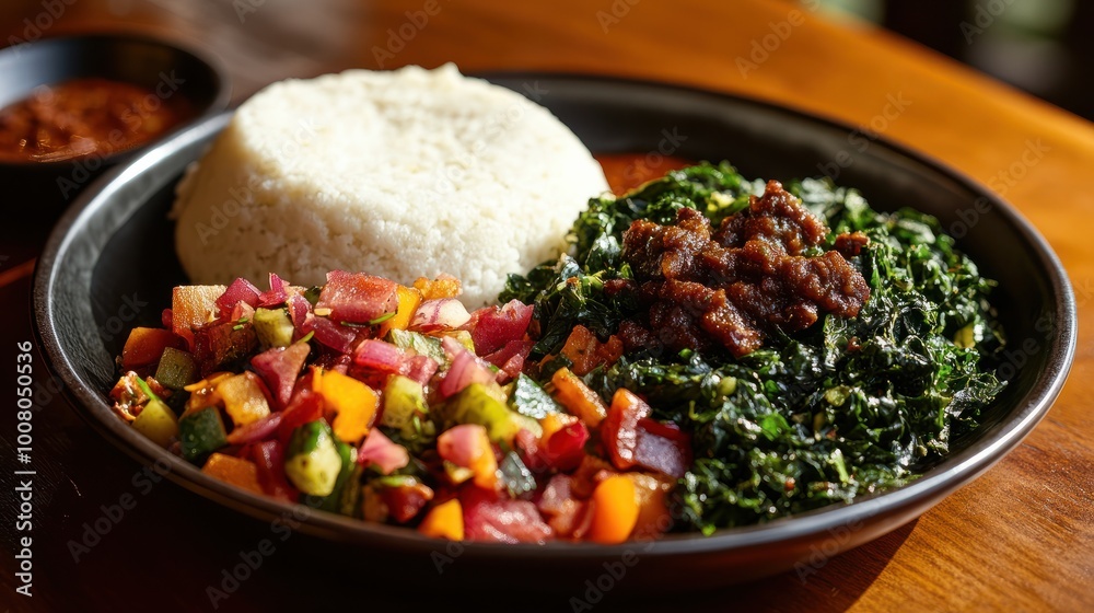 Plate of east african cuisine, featuring ugali, sautéed greens (sukuma wiki), and fresh kachumbari salad, ready to be served Plate of east african cuisine, featuring ugali, sautéed greens (sukuma wiki), and fresh kachumbari salad, ready to be served