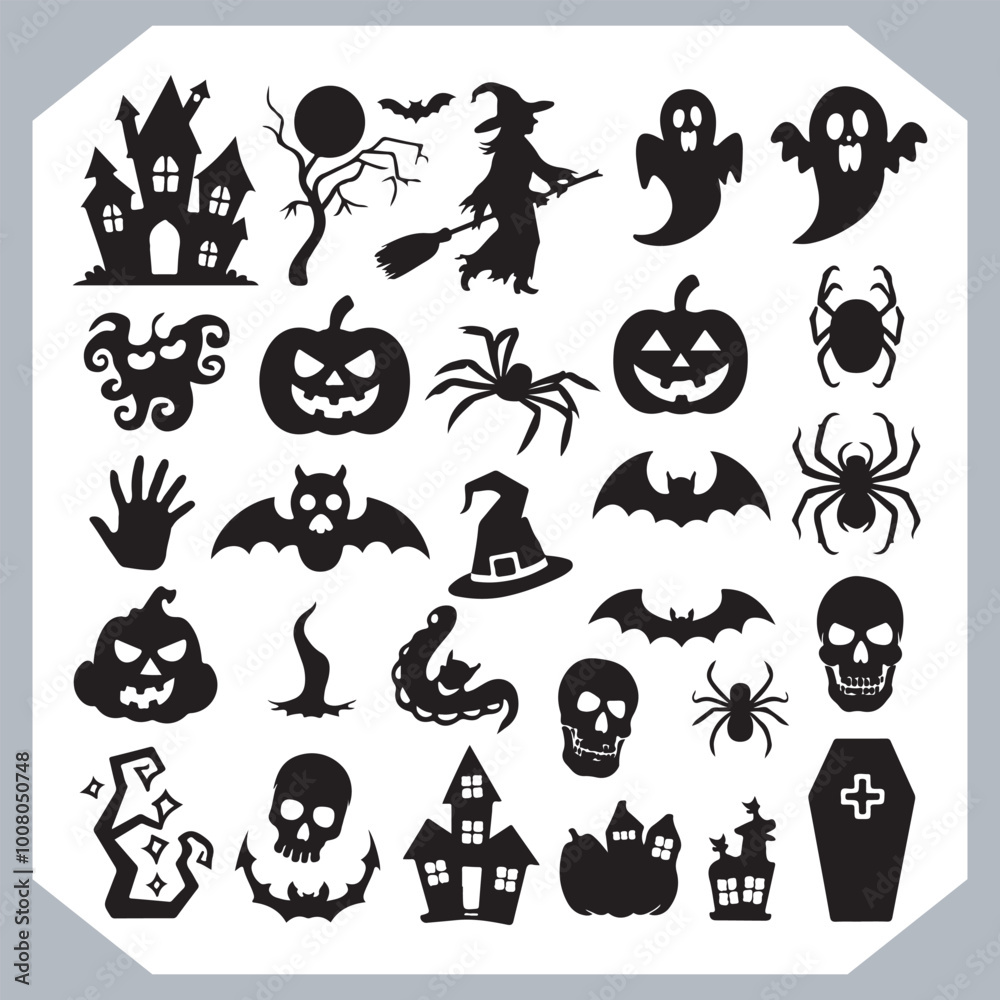 Fototapeta premium Set of logotype different type of black simple Halloween vector illustration silhouettes in white background, collection of Halloween silhouettes