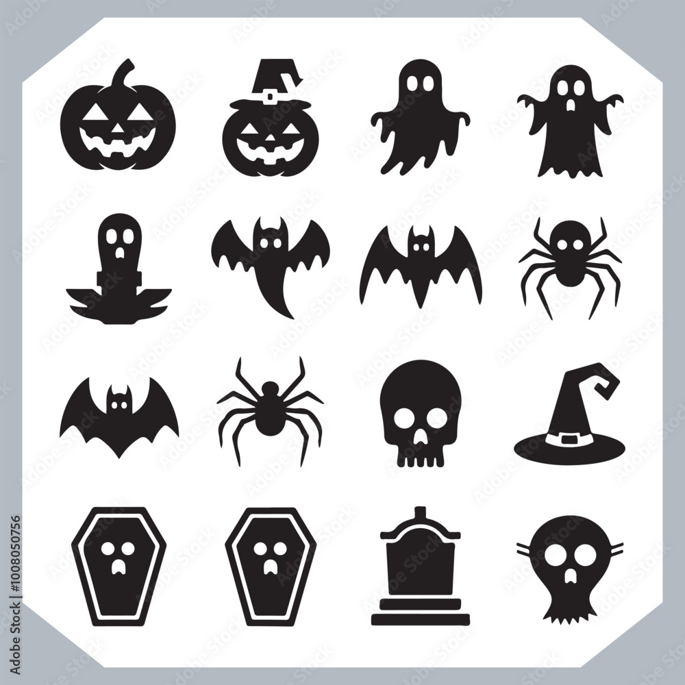 Obraz premium Set of logotype different type of black simple Halloween vector illustration silhouettes in white background, collection of Halloween silhouettes