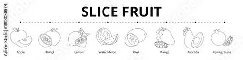 Slice Fruit Line Banner Web Icon Set Vector Illustration, Apple Orange Lemon Watermelon Kiwi Mango Avocado Pomegranate