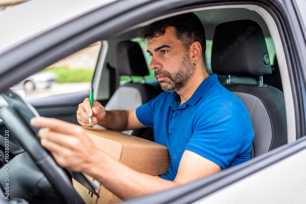 Delivery man checking a package sitting inside a car Delivery man checking a package sitting inside a car
