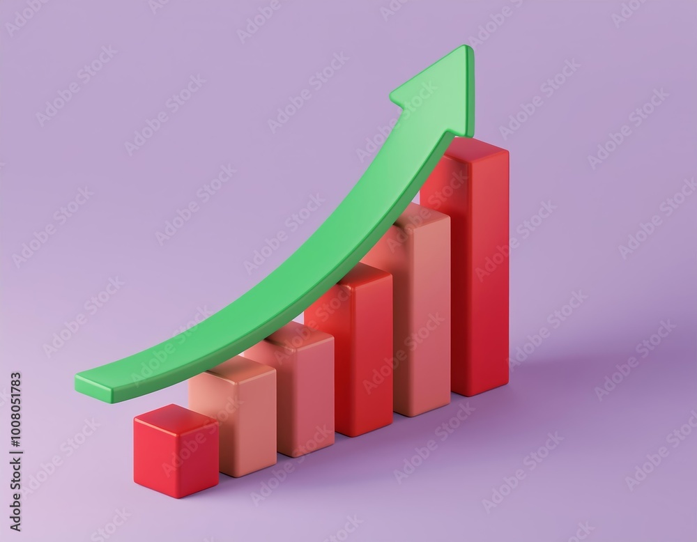 3D green arrow soaring over an upward trending bar graph 3D green arrow soaring over an upward trending bar graph