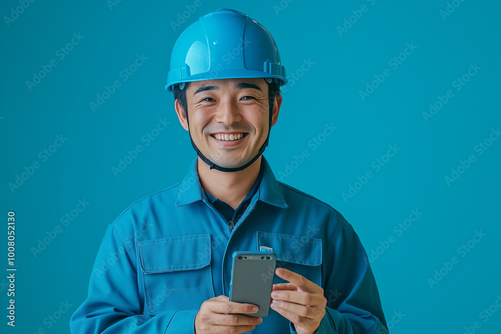 A asian worker smiling while showing his phone and wearing a blue helmet A asian worker smiling while showing his phone and wearing a blue helmet