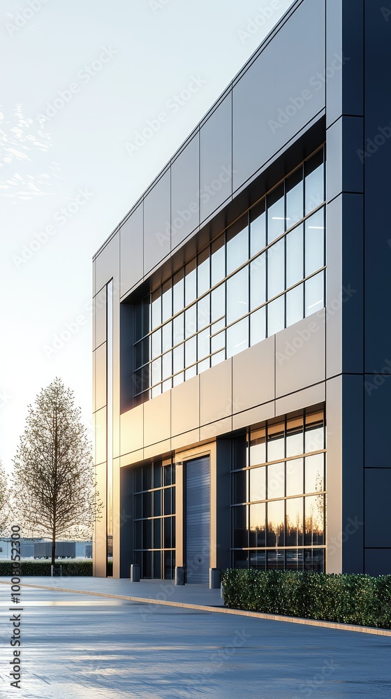 Modern architectural design of an office building with large glass windows, surrounded by greenery and a clear blue sky. Modern architectural design of an office building with large glass windows, surrounded by greenery and a clear blue sky.
