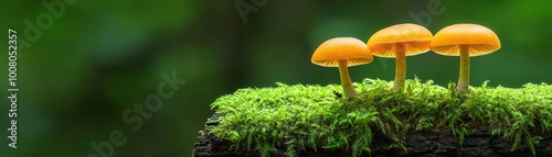 Colorful mushrooms sprouting from a mossy log in a serene woodland setting, highly detailed, Mushroom Illustration, Natural Serenity