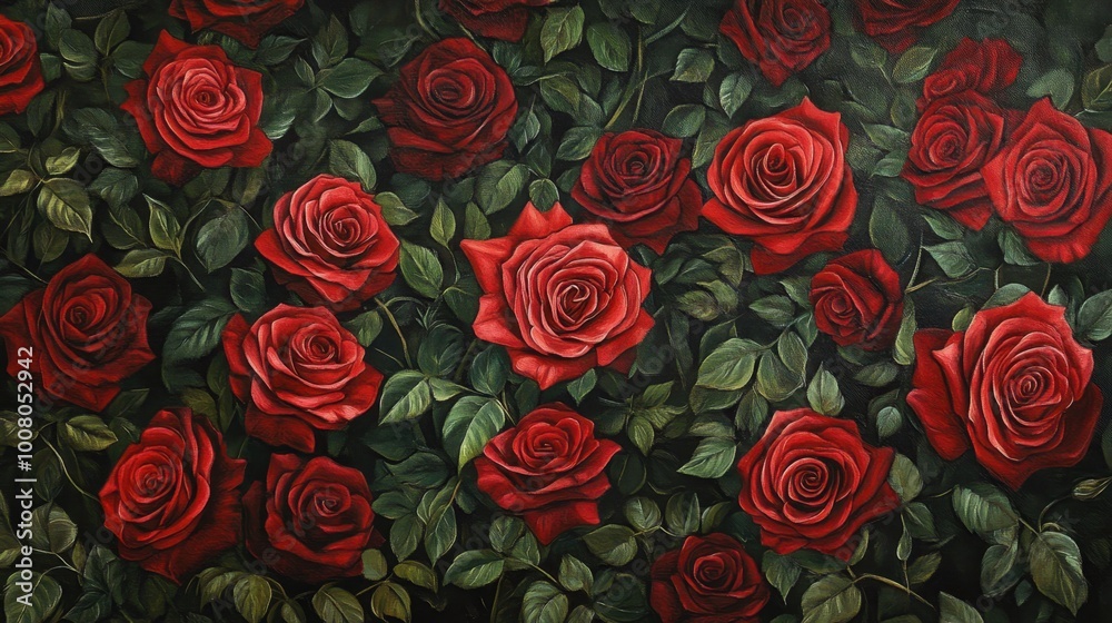 Overhead view of romantic red roses forming a lush, detailed backdrop, each petal showcasing rich texture and intricate detail. Realistic, very detailed Overhead view of romantic red roses forming a lush, detailed backdrop, each petal showcasing rich texture and intricate detail. Realistic, very detailed