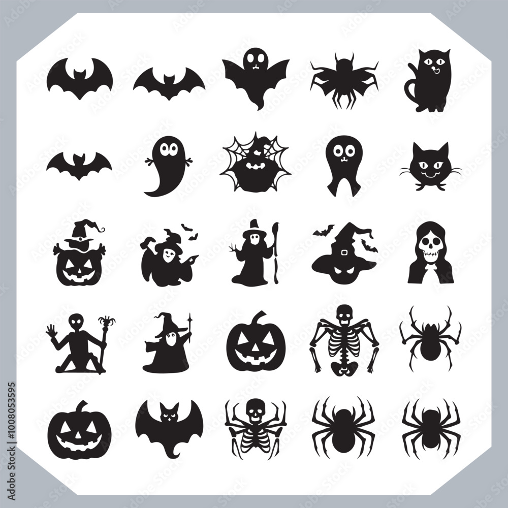 Obraz premium Set of logotype different type of black simple Halloween vector illustration silhouettes in white background, collection of Halloween silhouettes