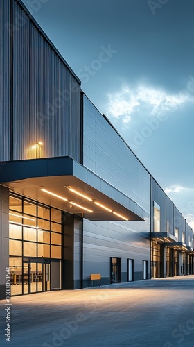 Modern industrial building with sleek architecture, large windows, and dramatic lighting against a cloudy sky.