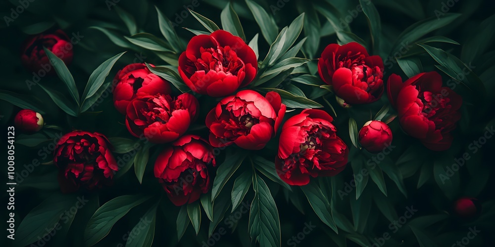 Vibrant Red Peonies in Full Bloom with Lush Greenery