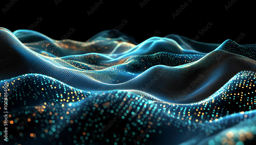 Abstract background Neon Green and Blue Wave-Like Data Streams on a Dark Background, Symbolizing the Flow of Information in Artificial Intelligence Systems with Futuristic and Technological Elements