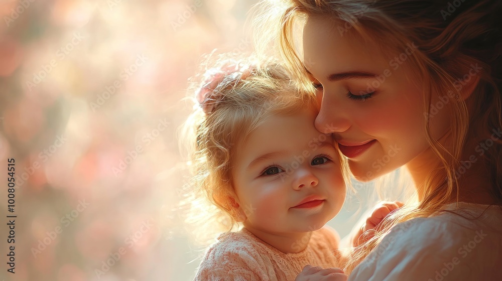 A tender moment between a mother and her child, radiating love. A tender moment between a mother and her child, radiating love.