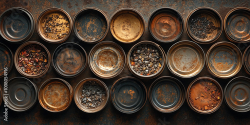 Top view of rusty can lids artistically arranged, showcasing texture and decay. Perfect for concepts of time, abandonment, and industrial art.