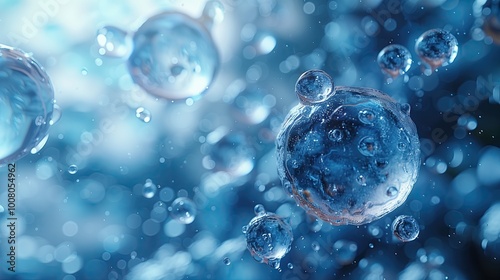 Wallpaper Mural Molecules, Molecular structure and blue spherical molecules, Water molecule H2O in microscope, Blue cosmetic advertising background. Torontodigital.ca