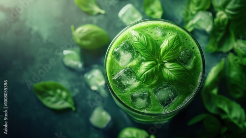 Top view of a vibrant green basil smoothie with ice cubes, garnished with fresh basil