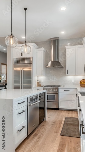 Modern kitchen with sleek cabinetry, stainless steel appliances, and stylish lighting fixtures creating a warm and inviting atmosphere.
