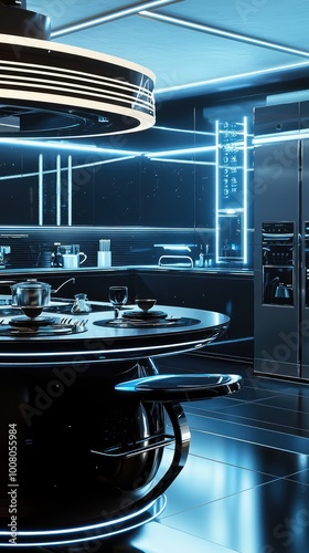 Modern kitchen with sleek design, neon lighting, and futuristic decor, creating a stylish and inviting atmosphere.