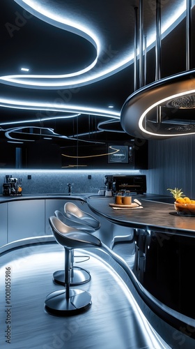 Modern kitchen with stylish LED lighting, sleek furniture, and a welcoming atmosphere for culinary creations and gatherings.