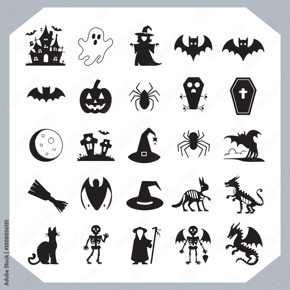 Fototapeta premium Set of logotype different type of black simple Halloween vector illustration silhouettes in white background, collection of Halloween silhouettes