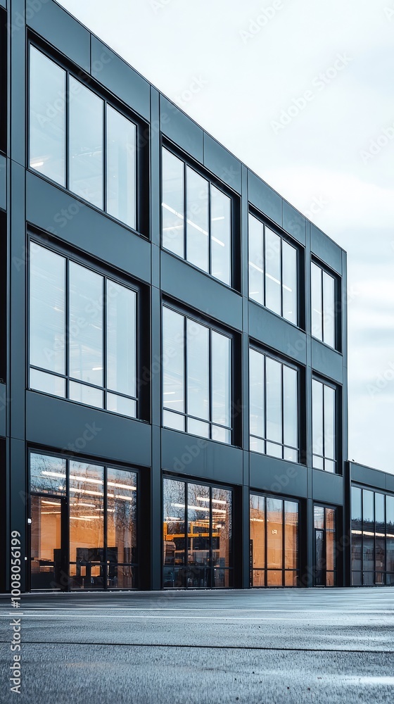 Modern office building featuring sleek architecture and large glass windows, ideal for corporate branding and urban business imagery. Modern office building featuring sleek architecture and large glass windows, ideal for corporate branding and urban business imagery.