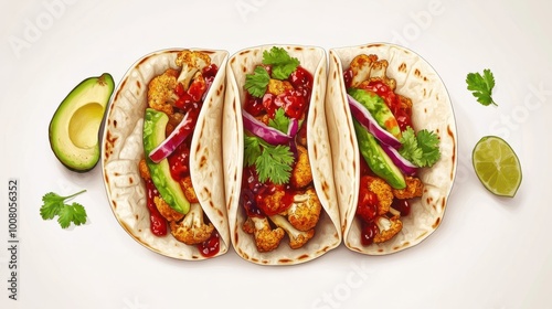 Vegan cauliflower tacos with avocado cilantro and sauces on a light backdrop